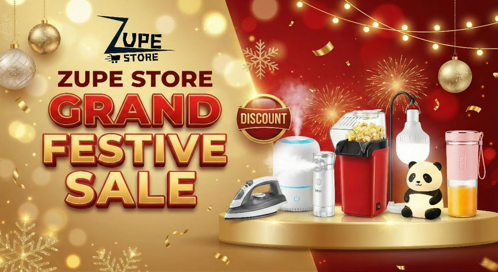 Promotional image for Zupe Store Grand Festive Sale with various products on a table.